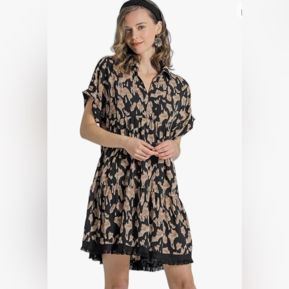Umgee Animal Print Collared Split Neck Tiered Dress with Frayed Hem 1X